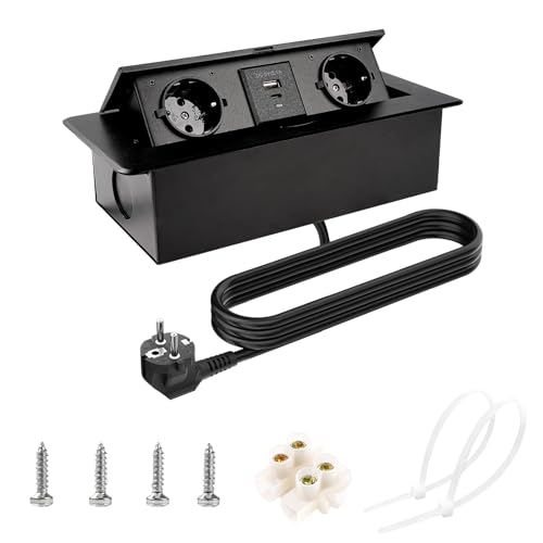 DewinLVD Versenkbare Steckdosenleiste, Mehrfachsteckdose PD 18W 2 Steckdosen 1 USB und 1 USB C Tischsteckdose Einbausteckdose für Arbeitsplatte Küche Büro 1,8M Kabel Schwarz von DewinLVD