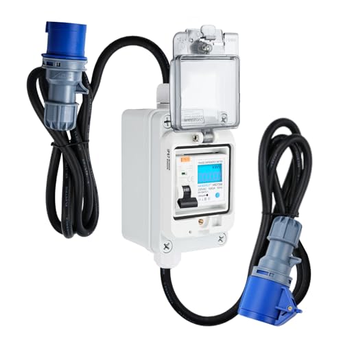 Mobiler Digitaler Stromzähler 230V 60A Mobile Meter mit 16A Typ A Schutzschalter CEE Stecker LED Hinterleuchtetes 3 * 1.5mm² Kabellänge 3m IP65 Wasserdicht für Industrielle (HRDQ-07) von DewinLVD