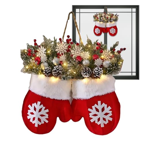Dewireaey Christmas Türkranz | Handschuh Weihnachtskranz Mit LED Beleuchtung | Deko Mit Roten Beeren Tannenzapfen Zweigen Für Fenster Kamin Wintergarten | Outdoor Hochzeit Party Dekoration von Dewireaey