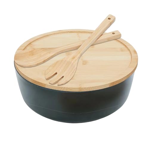 Dewireaey Große Salatschüssel - Große Schüsseln zum Servieren mit Deckel - Holz Servierschale mit Löffel und Gabel für Haushalt Küche Müsli Obst Snack Mixen Kochen Zubereiten Pasta Mittag von Dewireaey