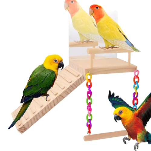 Dewireaey Vogelkletterleiter | Holz Vogel Schaukel Mit Spiegel,Multifunktionales Vogel Sitzspielzeug Für Unzertrennliche Nymphensittiche Finken Aras von Dewireaey