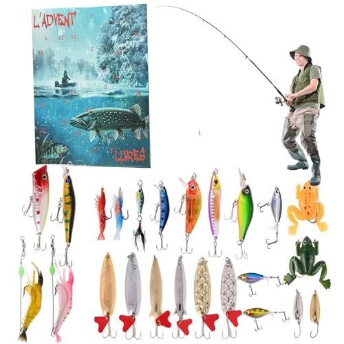 Dewireaey Weihnachts-Köder Adventskalender,24 Tage Adventskalender Weihnachtsfischen Köder Kalender - Hartköder Weichköder Angelzubehör für Stausee Fluss Teich See Outdooraktivität von Dewireaey