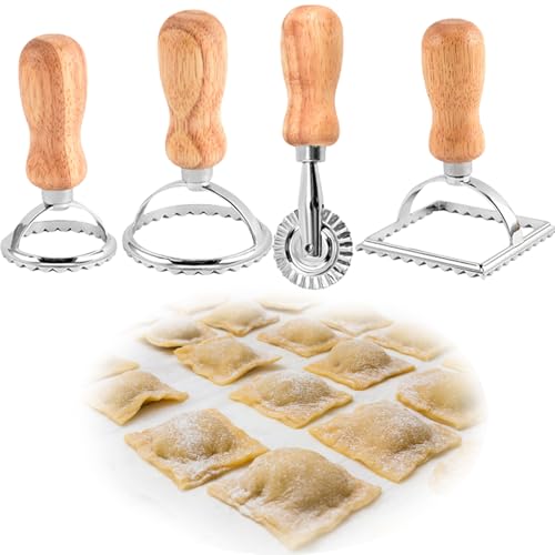 Dewocke 4er Set Ravioli Maker, Ravioli Ausstecher, Teigtaschenformer, Teigrädchen Gewellt, Ravioli Roller mit Holzgriff, Ravioli Stempel mit Geriffelten Rand, für Pasta, Knödel Lasagna, Pierogi von Dewocke