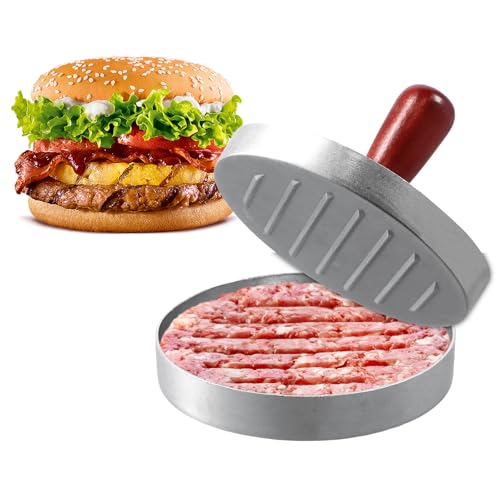 Dewocke Burgerpresse und Hamburgerpresse aus Aluminium, Patty Presse mit Holzgriff, Antihaft Burger Maker mit Hochwertigem Design, Ideal für BBQ und Grill, mit 50 Backpapieren - Silber von Dewocke
