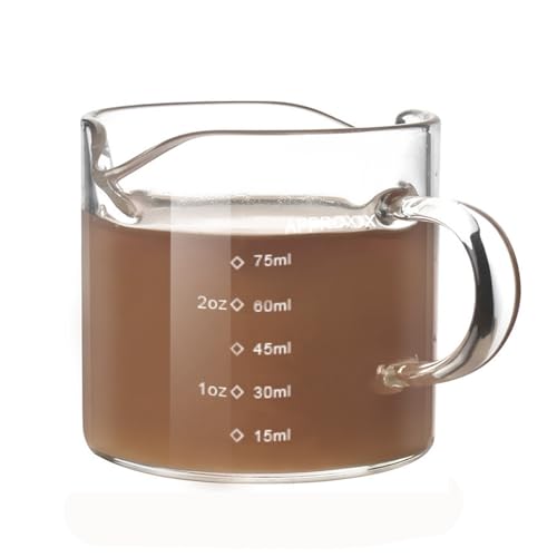 Dewocke Doppelauslässe Espresso Messbecher, 75ml Espressotassen Glas mit Griff und Skala, Hitzebeständig Glas Messbecher für Kaffee, Espresso, Milch, Cocktail von Dewocke