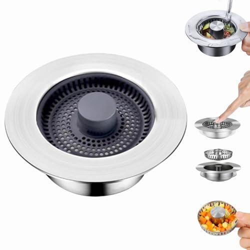 Abflusssieb Küchenspüle, Edelstahl Abflussstopfen mit Sieb, Multifunktionaler Küchenspüle Pop-up Waschbeckenstöpsel, 3-In-1 Abflusssieb für Spülbecken Bohrung 75-86 mm,Tiefe > 40 mm (B) von Dewppxi