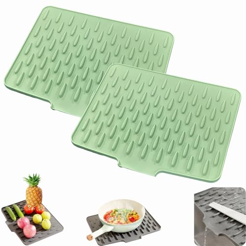 Auslaufsicherer Arbeitsplattenschutz Aus Silikon, Silikon-Abtropfmatte Spüle, Arbeitsplattenschutz mit Effektiver Wasserumleitung und Rutschfestem Design (Grün-2 Stück) von Dewppxi