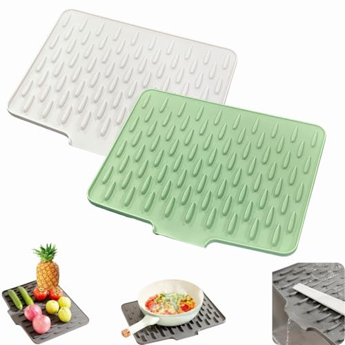 Auslaufsicherer Arbeitsplattenschutz Aus Silikon, Silikon-Abtropfmatte Spüle, Arbeitsplattenschutz mit Effektiver Wasserumleitung und Rutschfestem Design (Weiß+Grün) von Dewppxi