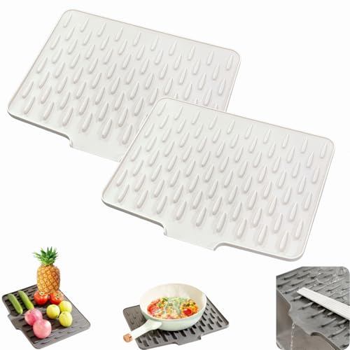 Auslaufsicherer Arbeitsplattenschutz Aus Silikon, Silikon-Abtropfmatte Spüle, Arbeitsplattenschutz mit Effektiver Wasserumleitung und Rutschfestem Design (Weiß-2 Stück) von Dewppxi