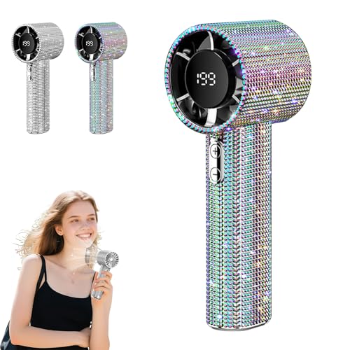 Dewppxi Full Diamond Tragbarer Hand-Turbo-Ventilator, 199-Gang-Diamant-Mini-Handventilator mit Digitalanzeige, USB wiederaufladbar-Bling-Ventilator für Reisen, Camping, Outdoor und Zuhause (Bunt) von Dewppxi