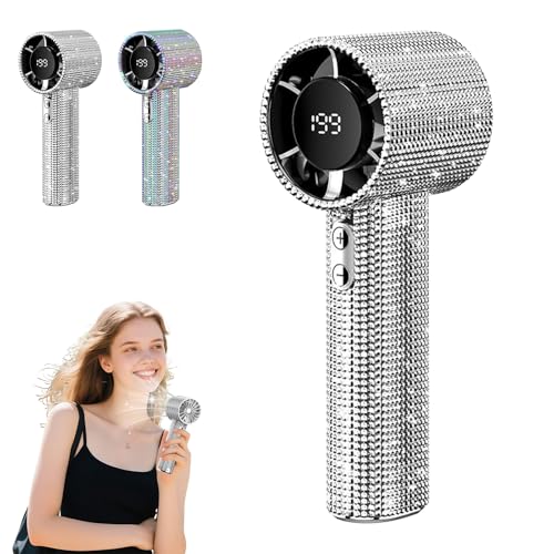 Dewppxi Full Diamond Tragbarer Hand-Turbo-Ventilator, 199-Gang-Diamant-Mini-Handventilator mit Digitalanzeige, USB wiederaufladbar-Bling-Ventilator für Reisen, Camping, Outdoor und Zuhause (Silber) von Dewppxi
