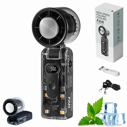 Dewppxi Handventilator mit Sofortkühlplatte und LED-Licht, Tragbarer Hand-Turbo ventilator mit Eiskühler, Kaltkompressen-Ventilator, Faltbarer Mini-Kühlventilator, per USB wiederaufladbar (Schwarz) von Dewppxi