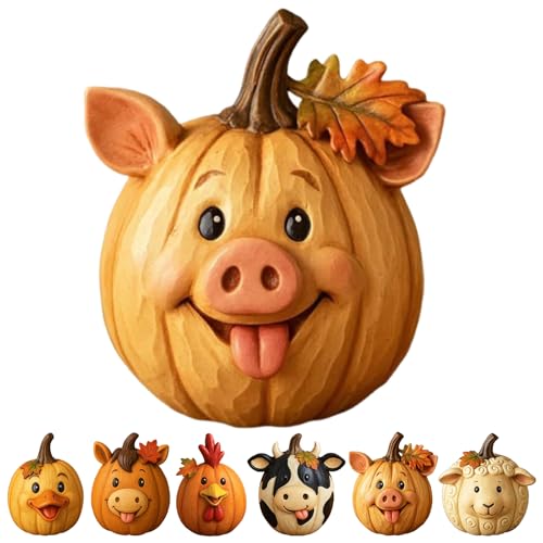 Dewppxi Kürbisfiguren mit Bauernhoftieren, Halloween Thanksgiving Herbstdekoration, Herbst-Tischdekoration für den Bauernhausstil, Niedliche Lustige Tier aus Kunstharz, Schreibtischdeko (F) von Dewppxi