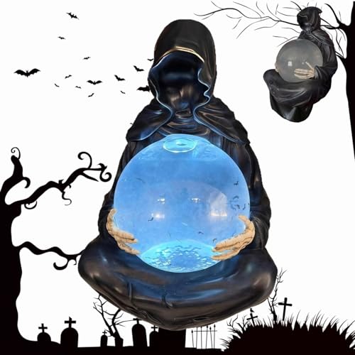 Dewppxi Sensenmann Statue mit Leuchtender Kristallkugel & Schwebe-Fledermaus, Halloween Deko Sensenmann-Statue mit Bat Crystal Ball für eine gespenstisch-magische Atmosphäre (15cm-1pc) von Dewppxi