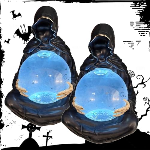 Dewppxi Sensenmann Statue mit Leuchtender Kristallkugel & Schwebe-Fledermaus, Halloween Deko Sensenmann-Statue mit Bat Crystal Ball für eine gespenstisch-magische Atmosphäre (15cm-2pcs) von Dewppxi