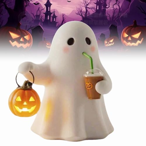 Geister-Kaffeekürbis-Nachtlicht,Halloween Ghost Coffee Pumpkin Night Light,Niedliche Geisterstatue Kürbislampe,Halloween Deko Gothic Leuchtdeko aus Kunstharz für Zuhause,Bücherregal (10cm-1Stück) von Dewppxi
