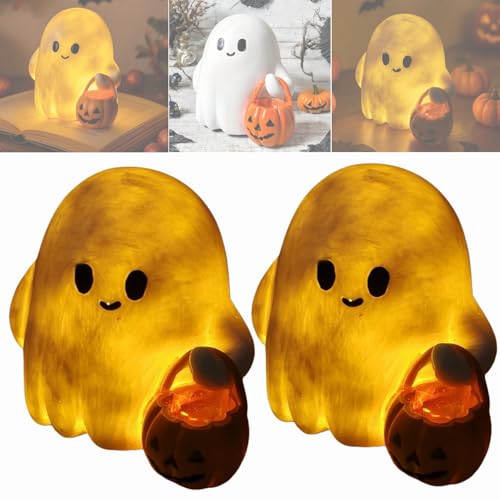 Halloween Deko Kürbis Geist Nachtlicht, Halloween Geister Nachtlicht mit Kürbis, Leuchtende Geisterfigur Statue Led Ghost Lampe Ornament für Party Tischdeko (2 Stück) von Dewppxi