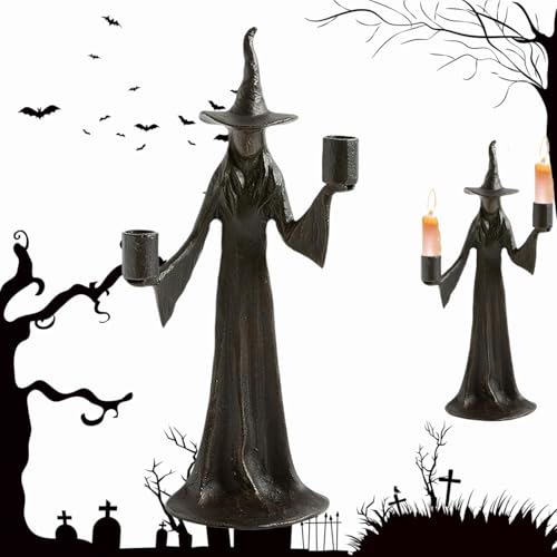 Halloween-Hexen-Kerzenhalter, 20 cm großer Hexen-Kerzenhalter für Halloween-Dekoration, Schwarze Gothic-Hexenfigur, Gruselige Vintage-Tischdekoration (B) von Dewppxi