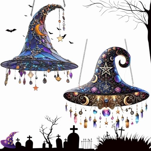 Halloween Hexenhut zum Aufhängen, Halloween Deko Gebeizte Hexenhüte Fensterbehang Sonnenfänger, Hexenhute Hängende Ornament für Halloweens-Party-Dekoration (A+B) von Dewppxi