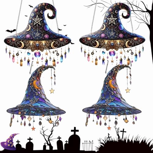 Halloween Hexenhut zum Aufhängen, Halloween Deko Gebeizte Hexenhüte Fensterbehang Sonnenfänger, Hexenhute Hängende Ornament für Halloweens-Party-Dekoration (A+B-4Stück) von Dewppxi