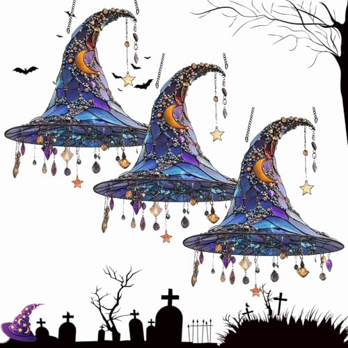 Halloween Hexenhut zum Aufhängen, Halloween Deko Gebeizte Hexenhüte Fensterbehang Sonnenfänger, Hexenhute Hängende Ornament für Halloweens-Party-Dekoration (A-3Stück) von Dewppxi
