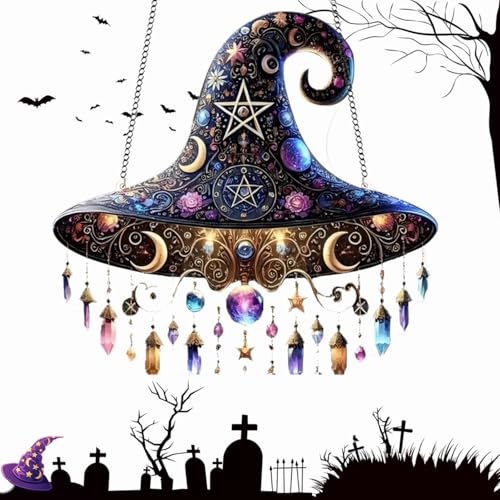 Halloween Hexenhut zum Aufhängen, Halloween Deko Gebeizte Hexenhüte Fensterbehang Sonnenfänger, Hexenhute Hängende Ornament für Halloweens-Party-Dekoration (B-1Stück) von Dewppxi