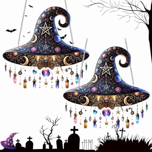 Halloween Hexenhut zum Aufhängen, Halloween Deko Gebeizte Hexenhüte Fensterbehang Sonnenfänger, Hexenhute Hängende Ornament für Halloweens-Party-Dekoration (B-2Stück) von Dewppxi
