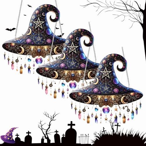 Halloween Hexenhut zum Aufhängen, Halloween Deko Gebeizte Hexenhüte Fensterbehang Sonnenfänger, Hexenhute Hängende Ornament für Halloweens-Party-Dekoration (B-3Stück) von Dewppxi