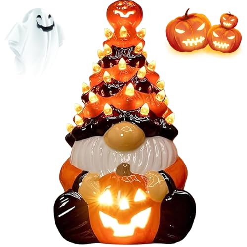Halloween Kürbis Wichtel Deko mit Licht, Leuchtende Kürbis-Zwerg Figur aus Keramik, Orange LED Herbstdeko Wichtel Nachtlicht für Zuhause, Halloween-Party drinnen und draußen (1Stück) von Dewppxi
