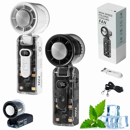 Handventilator mit Sofortkühlplatte und LED-Licht, Tragbarer Hand-Turbo ventilator mit Eiskühler, Kaltkompressen-Ventilator, Faltbarer Mini-Kühlventilator, per USB wiederaufladbar (Schwarz+Weiß) von Dewppxi