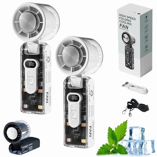 Handventilator mit Sofortkühlplatte und LED-Licht, Tragbarer Hand-Turbo ventilator mit Eiskühler, Kaltkompressen-Ventilator, Faltbarer Mini-Kühlventilator, per USB wiederaufladbar (Weiß-2stück) von Dewppxi