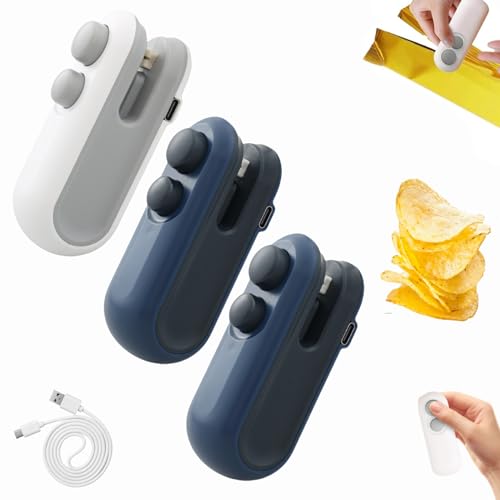 Mini Bag Sealer with Cutter and Magnet, Tragbarer Mini Folienschweißgerät, USB-aufladbarer Hand Snackbeutel Tüten Verschließer, Damit Lebensmittel frisch und Snacks knusprig bleiben (2 Blau+Weiß) von Dewppxi