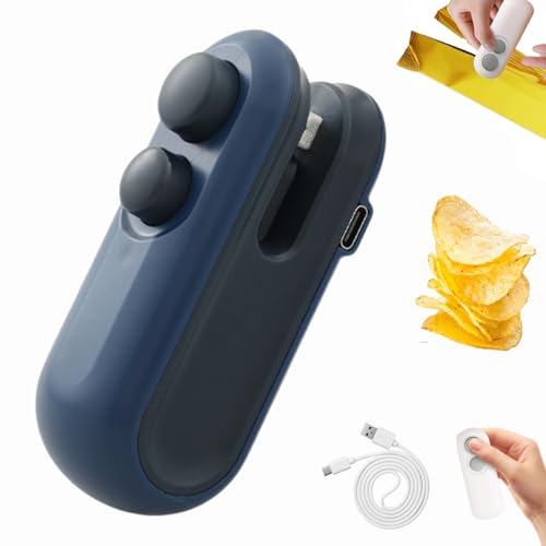 Mini Bag Sealer with Cutter and Magnet, Tragbarer Mini Folienschweißgerät, USB-aufladbarer Hand Snackbeutel Tüten Verschließer, Damit Lebensmittel frisch und Snacks knusprig bleiben (Blau) von Dewppxi