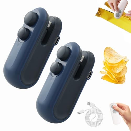 Mini Bag Sealer with Cutter and Magnet, Tragbarer Mini Folienschweißgerät, USB-aufladbarer Hand Snackbeutel Tüten Verschließer, Damit Lebensmittel frisch und Snacks knusprig bleiben (Blau-2Stück) von Dewppxi
