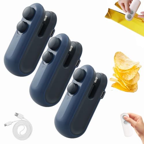 Mini Bag Sealer with Cutter and Magnet, Tragbarer Mini Folienschweißgerät, USB-aufladbarer Hand Snackbeutel Tüten Verschließer, Damit Lebensmittel frisch und Snacks knusprig bleiben (Blau-3Stück) von Dewppxi