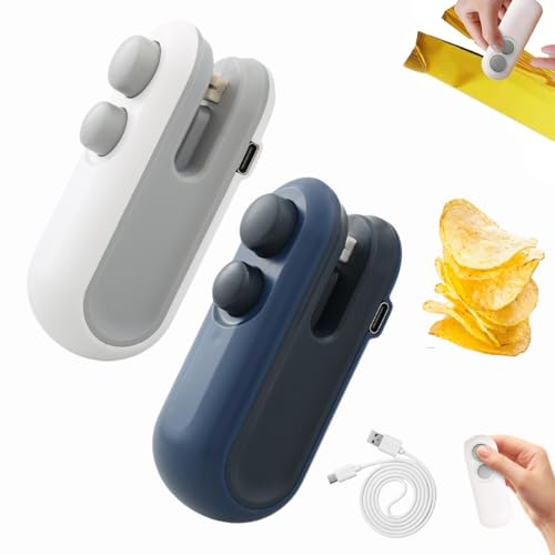 Mini Bag Sealer with Cutter and Magnet, Tragbarer Mini Folienschweißgerät, USB-aufladbarer Hand Snackbeutel Tüten Verschließer, Damit Lebensmittel frisch und Snacks knusprig bleiben (Weiß+Blau) von Dewppxi