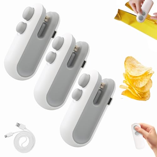 Mini Bag Sealer with Cutter and Magnet, Tragbarer Mini Folienschweißgerät, USB-aufladbarer Hand Snackbeutel Tüten Verschließer, Damit Lebensmittel frisch und Snacks knusprig bleiben (Weiß-3Stück) von Dewppxi