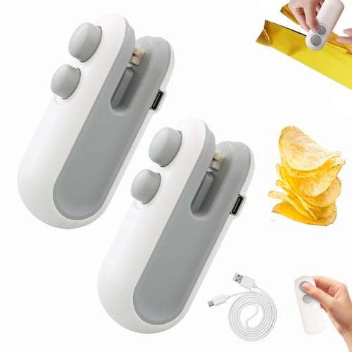 Mini Bag Sealer with Cutter and Magnet, Tragbarer Mini Folienschweißgerät, USB-aufladbarer Hand Snackbeutel Tüten Verschließer, Damit Lebensmittel frisch und Snacks knusprig bleiben (Weiß-2Stück) von Dewppxi