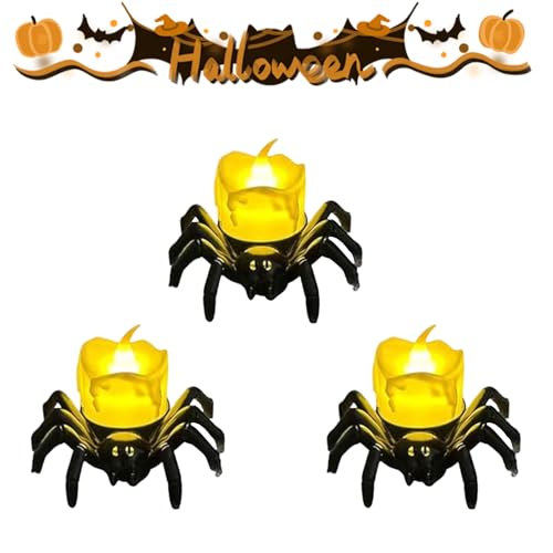 Neuartige Led Flammenlose Spinne Kerzen, Halloween Spinne Kerzenlicht, Spinne Augäpfel Nachtlicht für Indoor Outdoor Garten Party Halloween Deko Requisiten (B-3pcs) von Dewppxi
