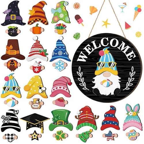 Wichtel Austauschbares Willkommensschild Haustür, 30 Stück Saisonales Holz Willkommen Schild mit Magnetstücken und Abnehmbaren Hüten, Halloween Dekoration für Haustür, Veranda (A) von Dewppxi