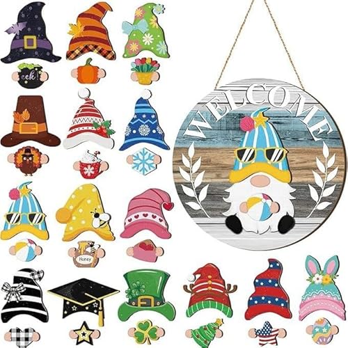 Wichtel Austauschbares Willkommensschild Haustür, 30 Stück Saisonales Holz Willkommen Schild mit Magnetstücken und Abnehmbaren Hüten, Halloween Dekoration für Haustür, Veranda (C) von Dewppxi