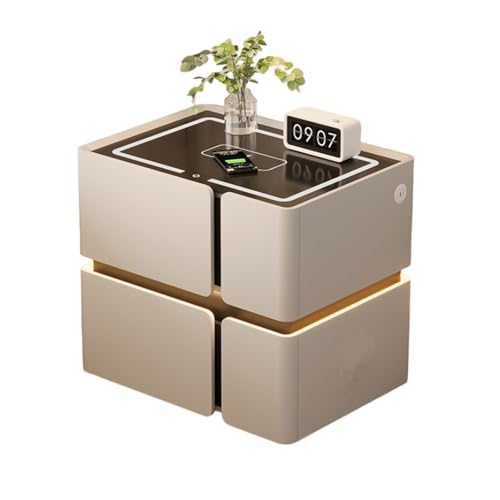 Dexinhdh Intelligenter Nachttisch Mit LED-Licht, Schwebender Nachttisch Mit Ladestation Und 2 Schubladen, Arbeitsplatte Aus Gehärtetem Glas, Beistelltisch Aus Holz(B,50cm) von Dexinhdh