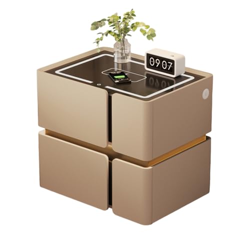 Dexinhdh Intelligenter Nachttisch Mit LED-Licht, Schwebender Nachttisch Mit Ladestation Und 2 Schubladen, Arbeitsplatte Aus Gehärtetem Glas, Beistelltisch Aus Holz(C,50cm) von Dexinhdh