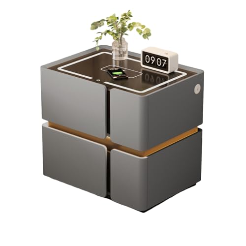 Dexinhdh Intelligenter Nachttisch Mit LED-Licht, Schwebender Nachttisch Mit Ladestation Und 2 Schubladen, Arbeitsplatte Aus Gehärtetem Glas, Beistelltisch Aus Holz(D,50cm) von Dexinhdh