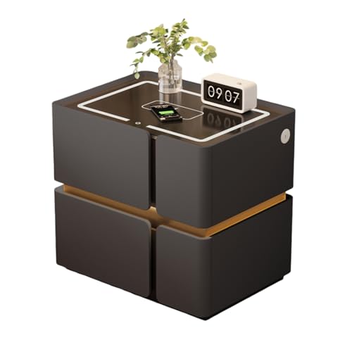 Dexinhdh Intelligenter Nachttisch Mit LED-Licht, Schwebender Nachttisch Mit Ladestation Und 2 Schubladen, Arbeitsplatte Aus Gehärtetem Glas, Beistelltisch Aus Holz(E,45cm) von Dexinhdh