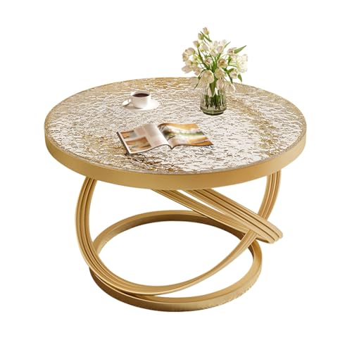 Dexinhdh Moderner Couchtisch Aus Glas, Minimalistischer Runder Teetisch, Tragender Metallrahmen, Hochtemperatur-Lackierverfahren, Cocktail-Mitteltisch Für Das Wohnzimmer, Home(Gold,50cm) von Dexinhdh