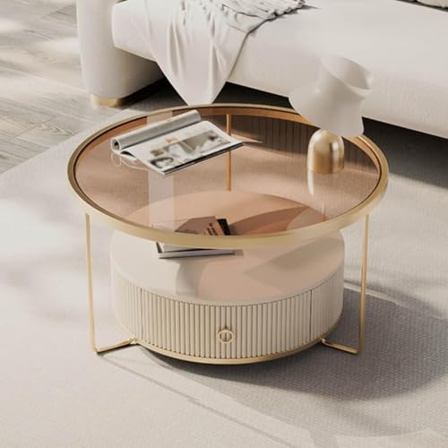 Dexinhdh Moderner Couchtisch Aus Glas, Runder Teetisch Mit 3 Ebenen, Starke Tragfähigkeit, Couch-Snack-Beistelltisch Mit Unterer Schublade Für Das Wohnzimmer, Home Office(C,70cm) von Dexinhdh