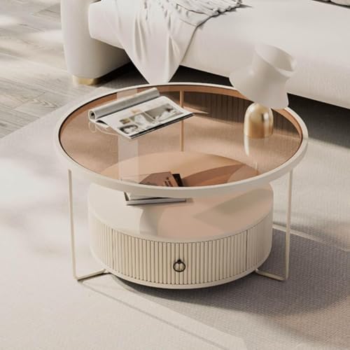Dexinhdh Moderner Couchtisch Aus Glas, Runder Teetisch Mit 3 Ebenen, Starke Tragfähigkeit, Couch-Snack-Beistelltisch Mit Unterer Schublade Für Das Wohnzimmer, Home Office(D,70cm) von Dexinhdh