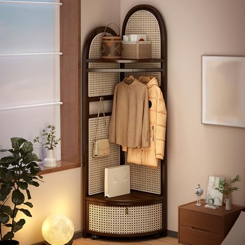 Dexinhdh Rattan-Eckgarderobe Mit Haken, Freistehende Eckkleiderständer, Aufbewahrungskorb Mit Rädern, PE-Rattan-Handwerkskunst, Eckaufbewahrungsständer Für Kleidung(Brown) von Dexinhdh