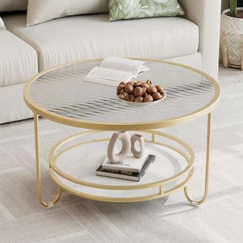 Dexinhdh Runder Couchtisch Aus Glas Mit 2 Ebenen, Moderner Mitteltisch Mit Stauraum Unten, Basis Aus Steinplatte, Metallrahmen, rutschfeste Fußauflage, Für Wohnzimmer Und Büro(A,70cm) von Dexinhdh
